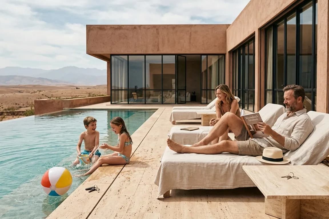 A family relaxing by the infinity pool of their villa on a bright weekend