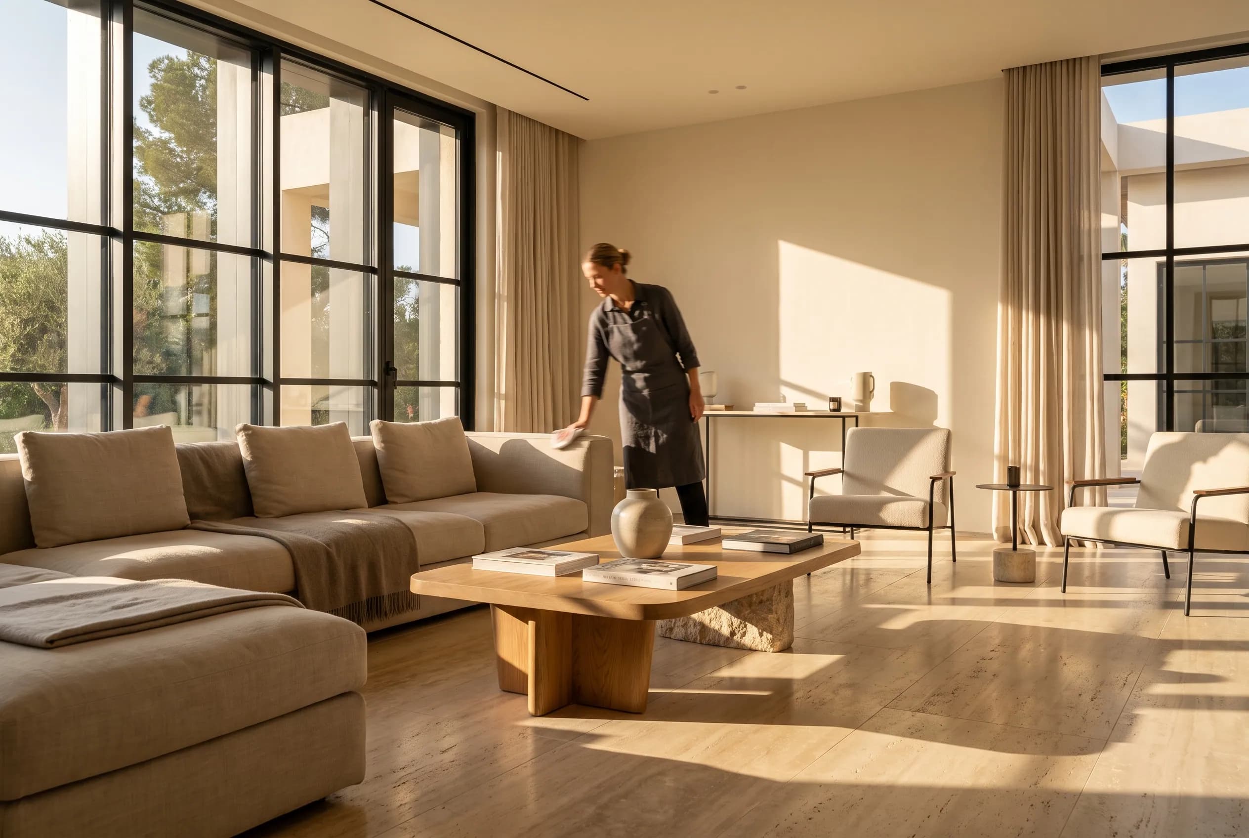 Sunlit luxury villa living room, freshly cleaned