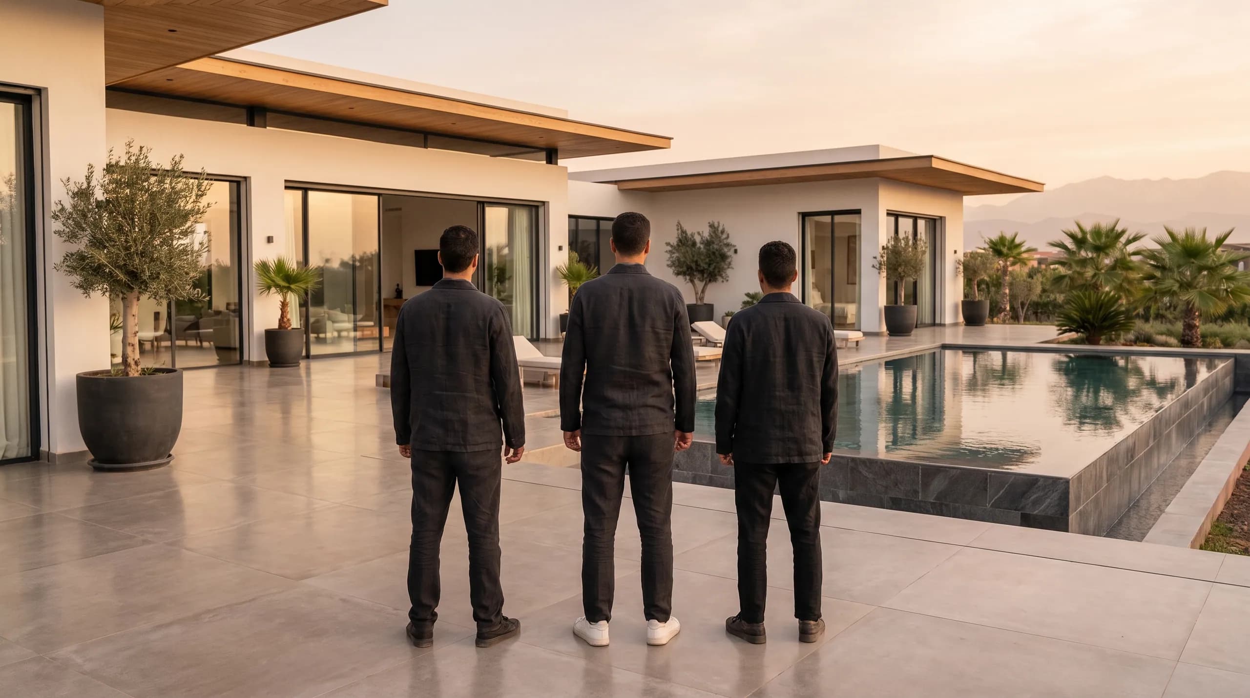 The L'Intendance team overlooking a perfectly kept villa at golden hour