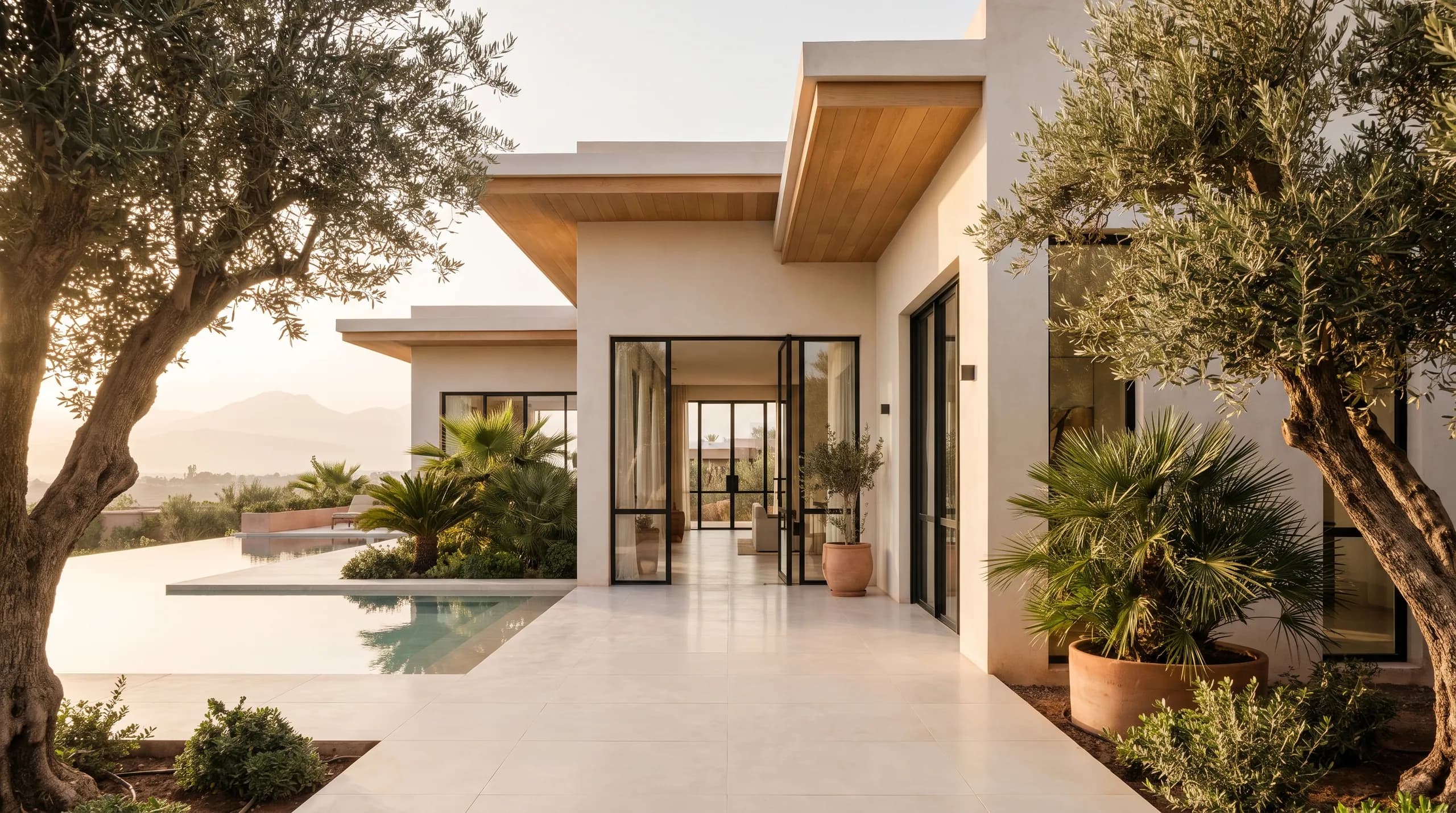 The villa entrance at golden hour, door open, warm light spilling onto the path