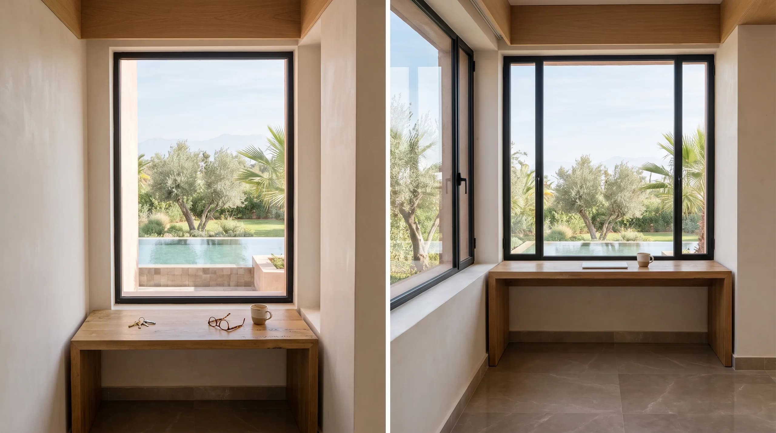A quiet villa study corner — keys, reading glasses and coffee in soft window light