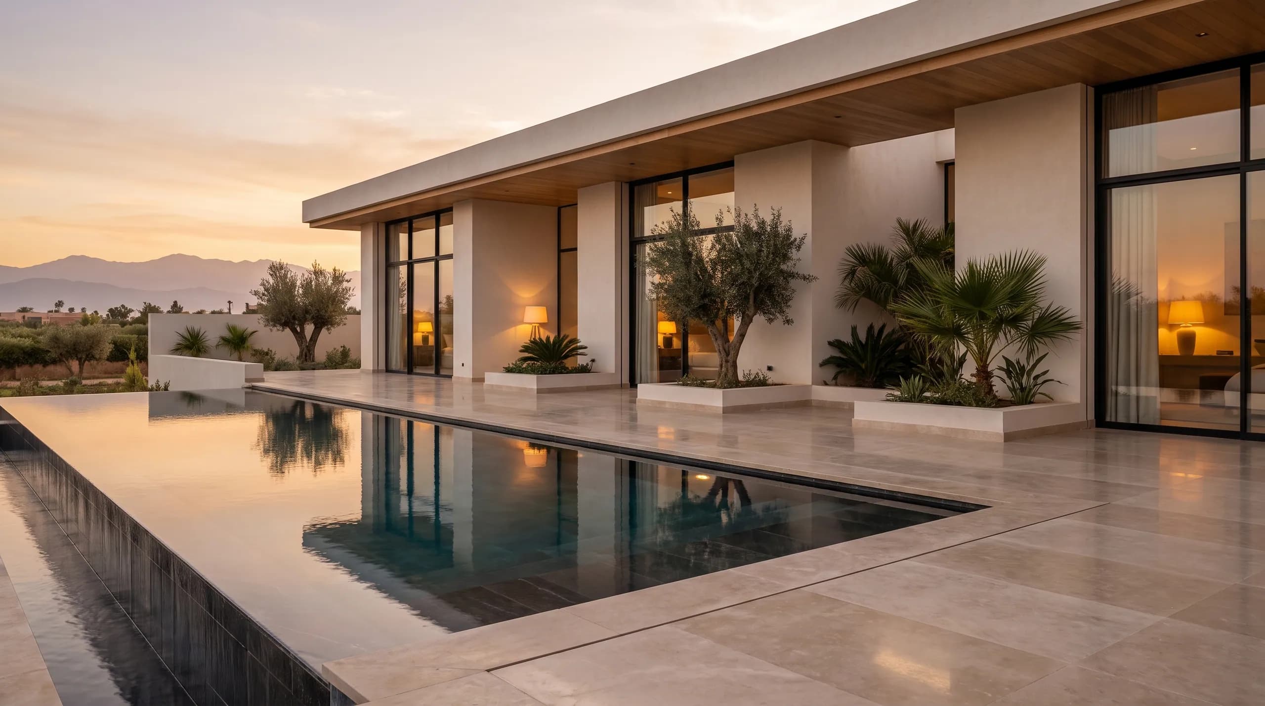An immaculate villa at golden hour — the visible result of invisible year-round maintenance