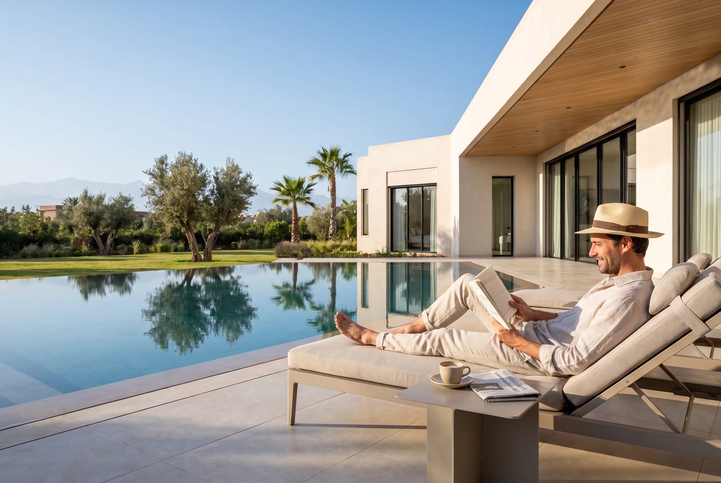 An owner reading by the pool on a bright calm morning, zero tasks in sight
