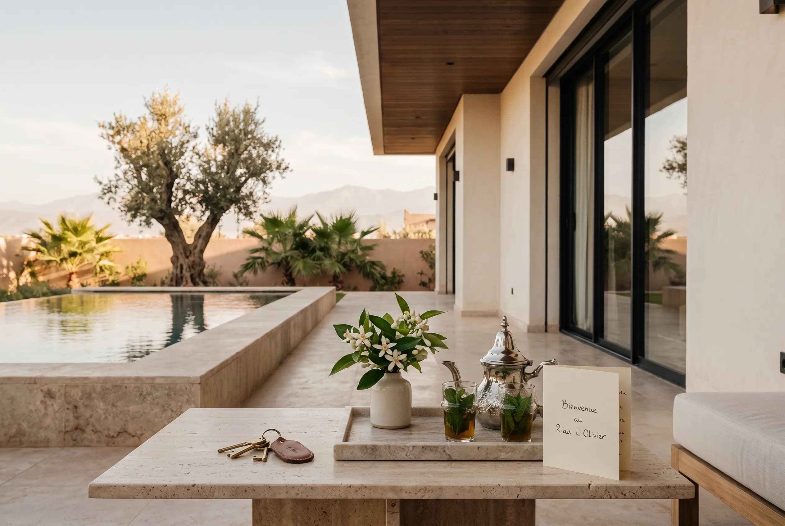 Welcome tray with keys and fresh flowers on the villa terrace