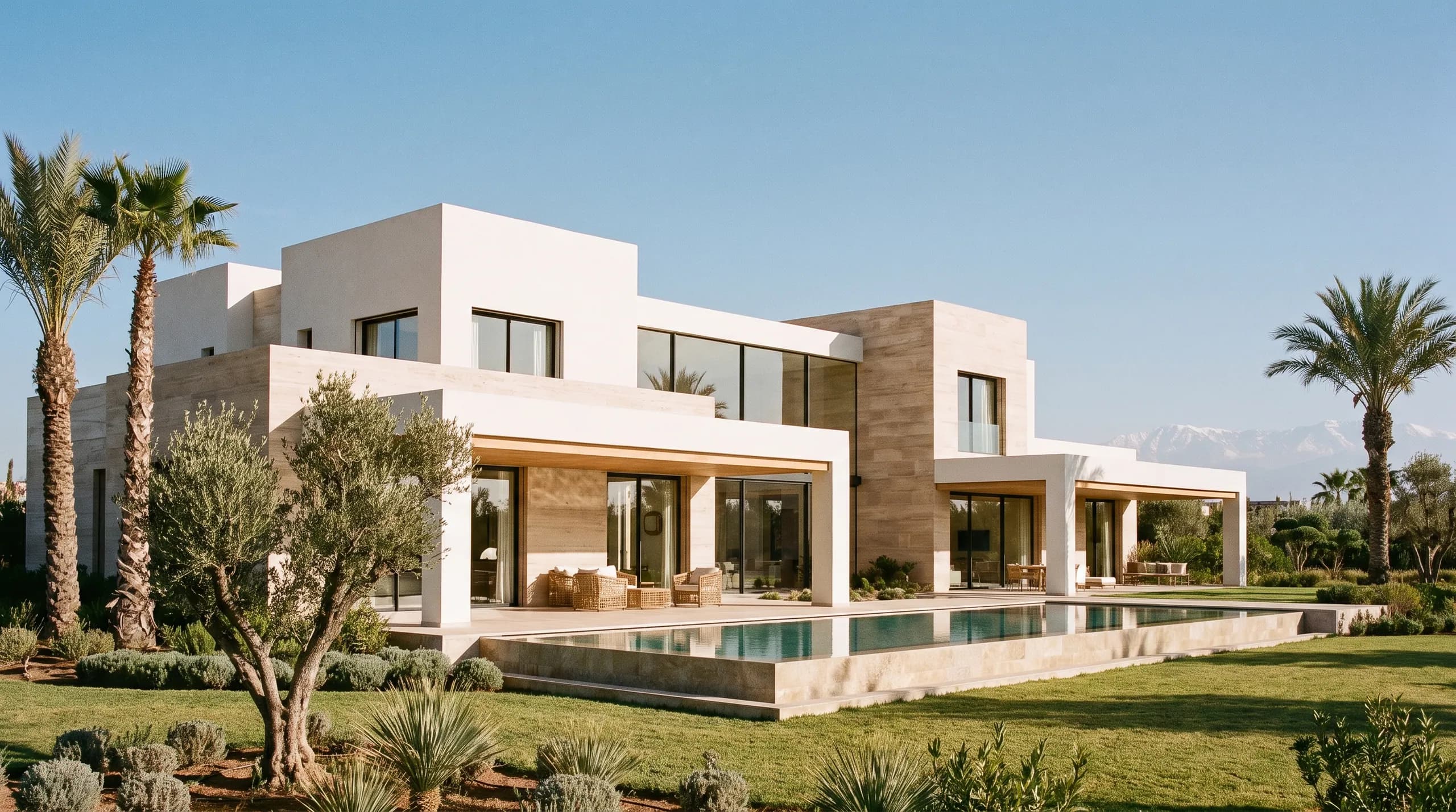 A complete villa property at mid-morning — house, pool, garden and terrace in one frame
