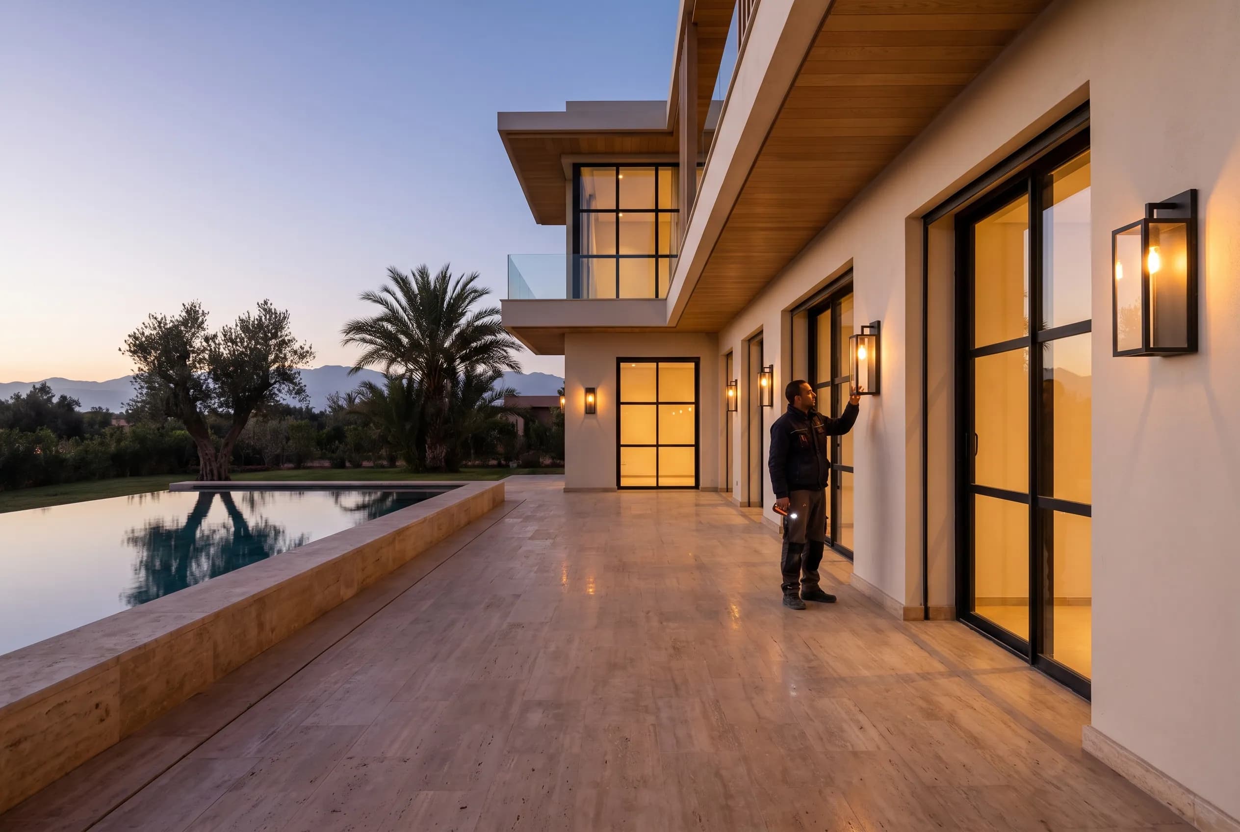 Caretaker walking the villa terrace at dusk, checking the exterior lamps