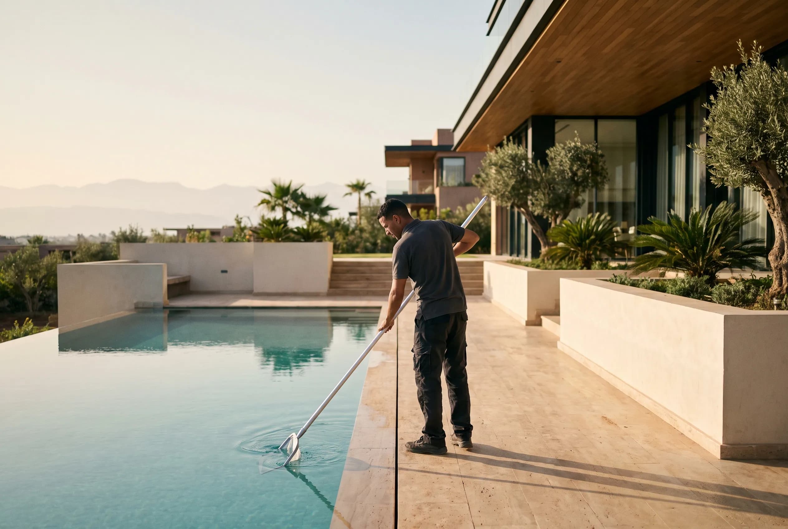 Technician skimming a mirror-still pool at early morning