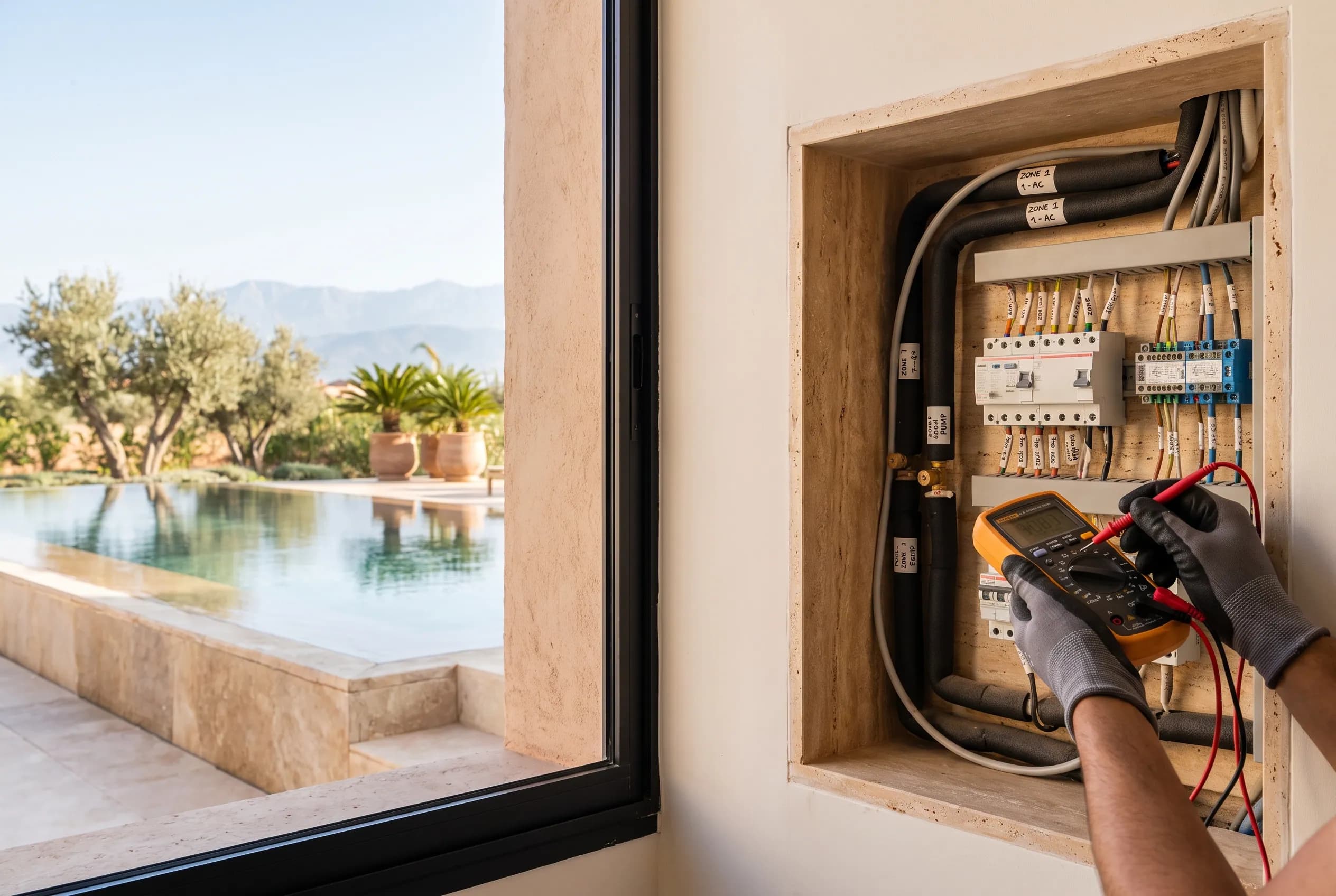 Technician testing the villa's concealed systems with a multimeter