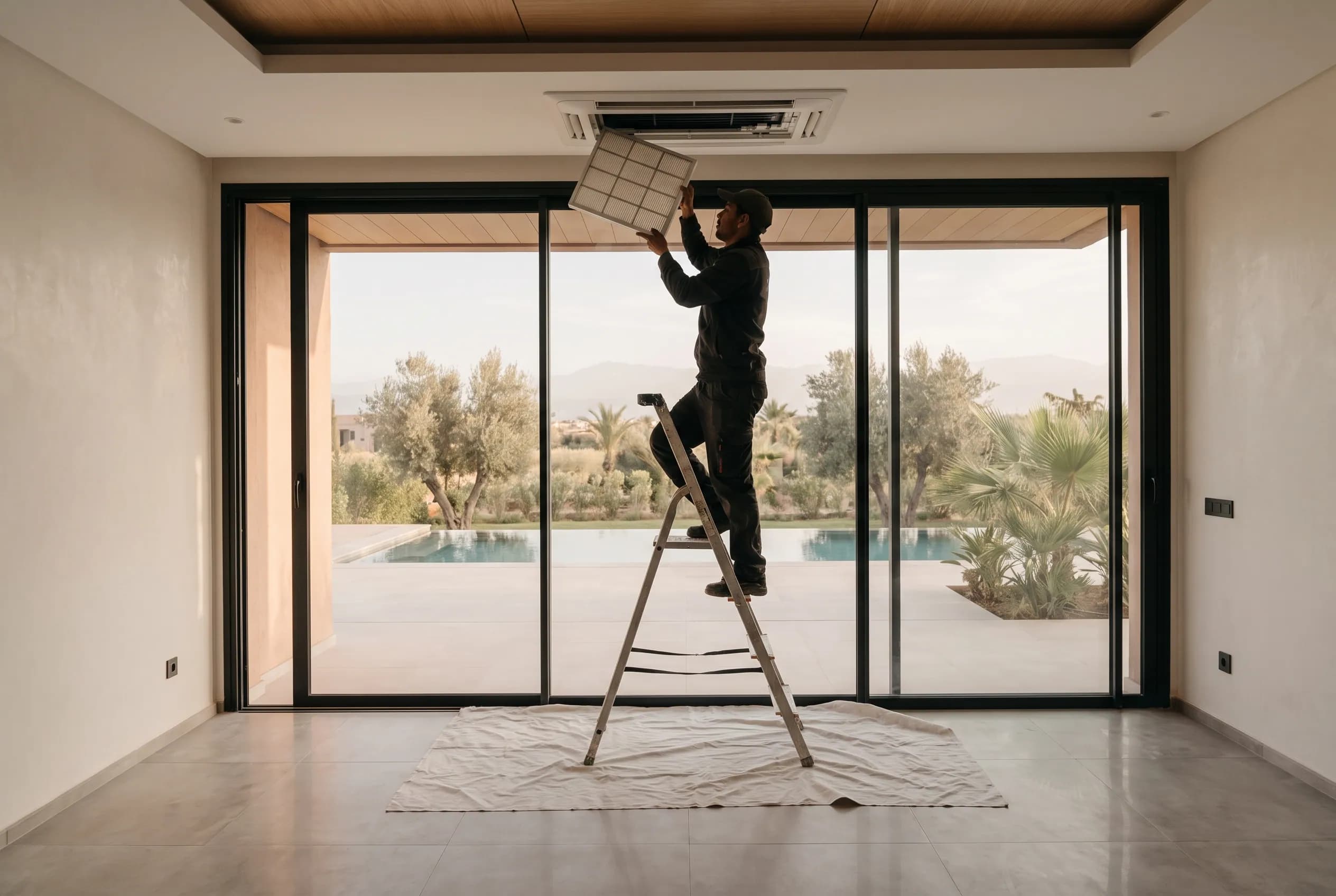 Technician on a ladder servicing a ceiling AC cassette with care