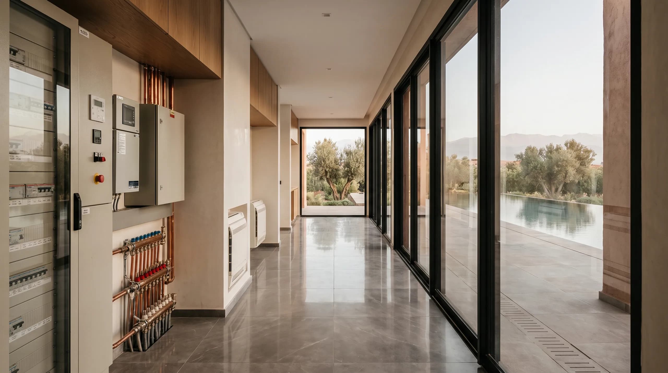 The villa's immaculate technical corridor — labelled panels, copper manifolds, climate units