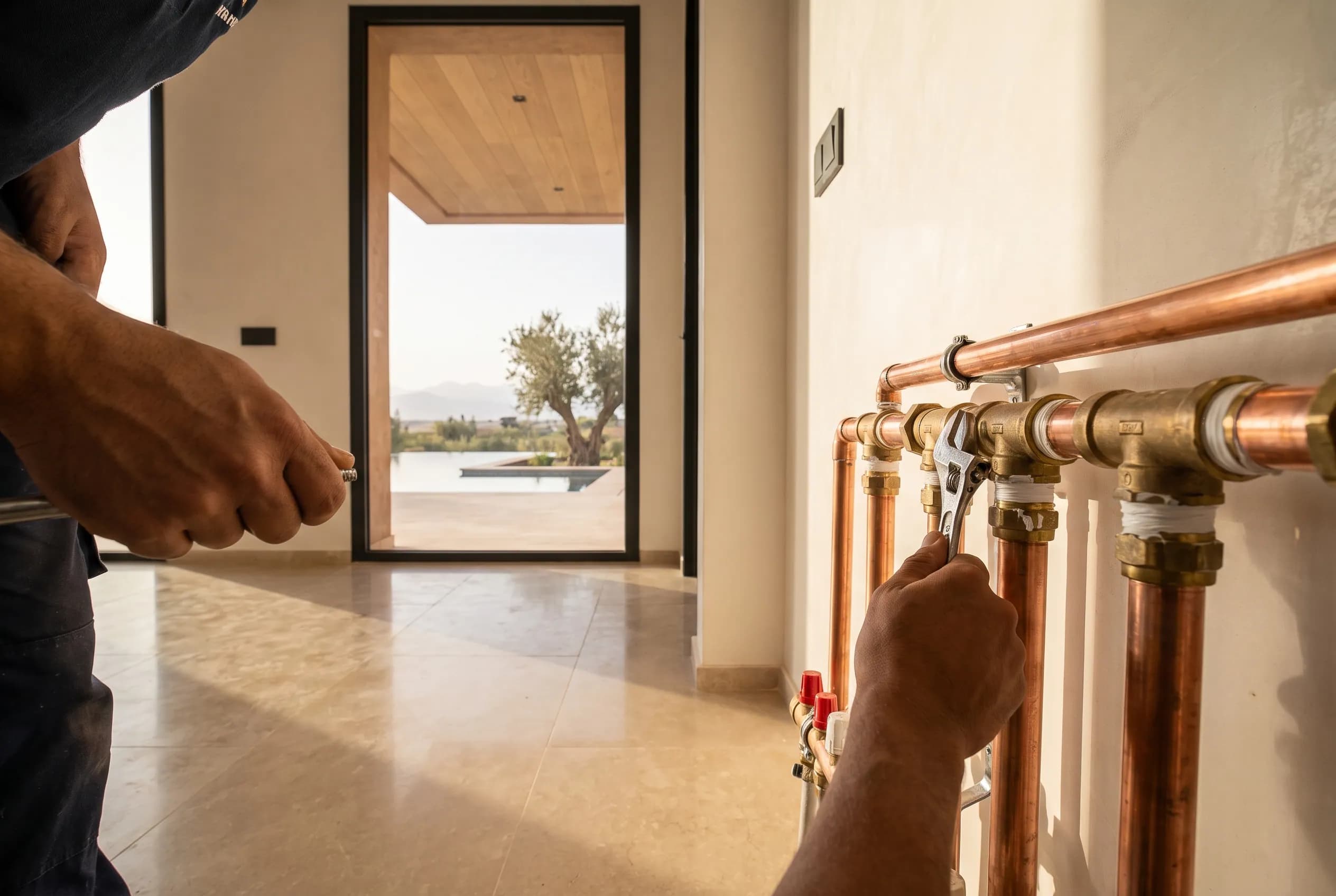Plumber servicing a gleaming copper manifold, precise wrench work