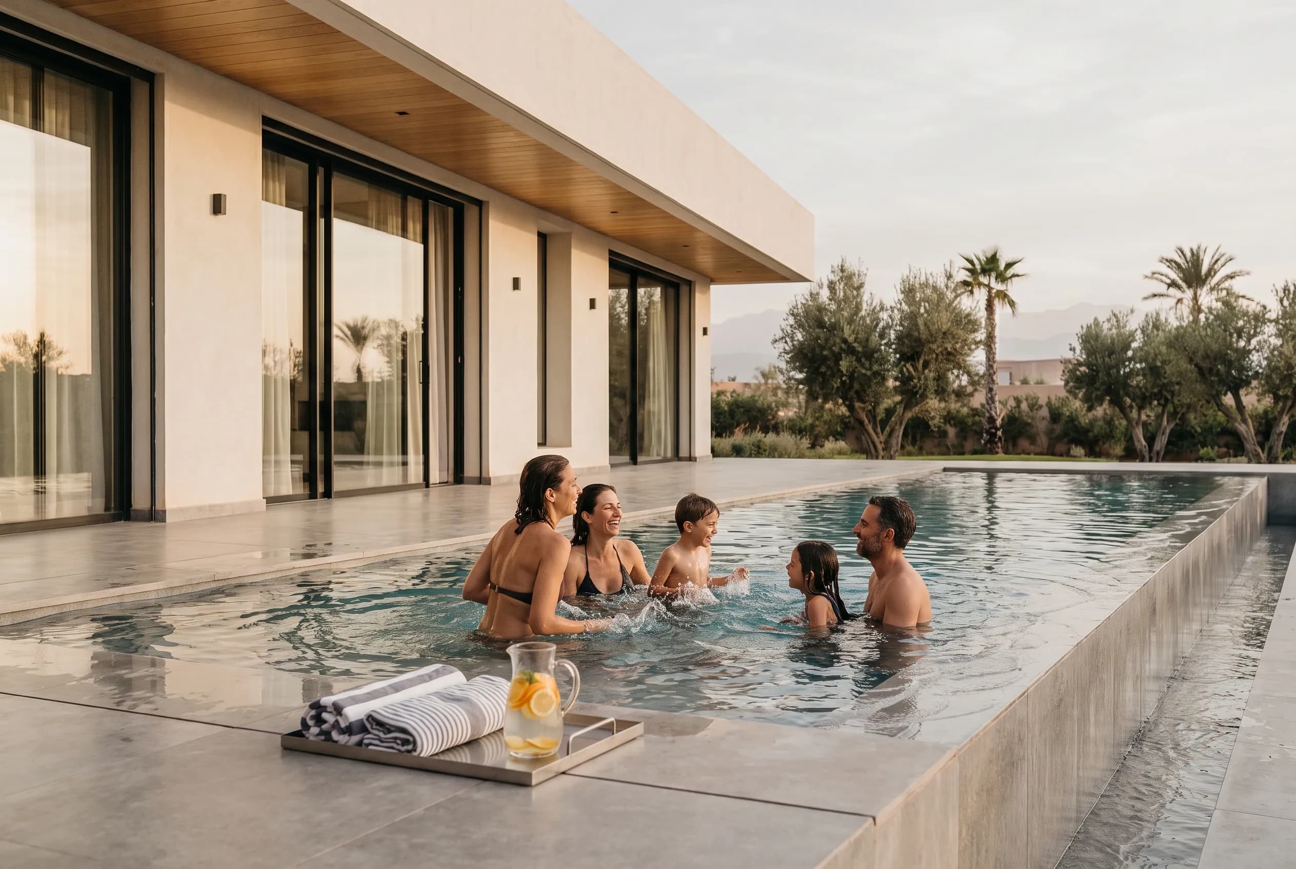 A family enjoying the villa pool on holiday, towels and citrus water ready