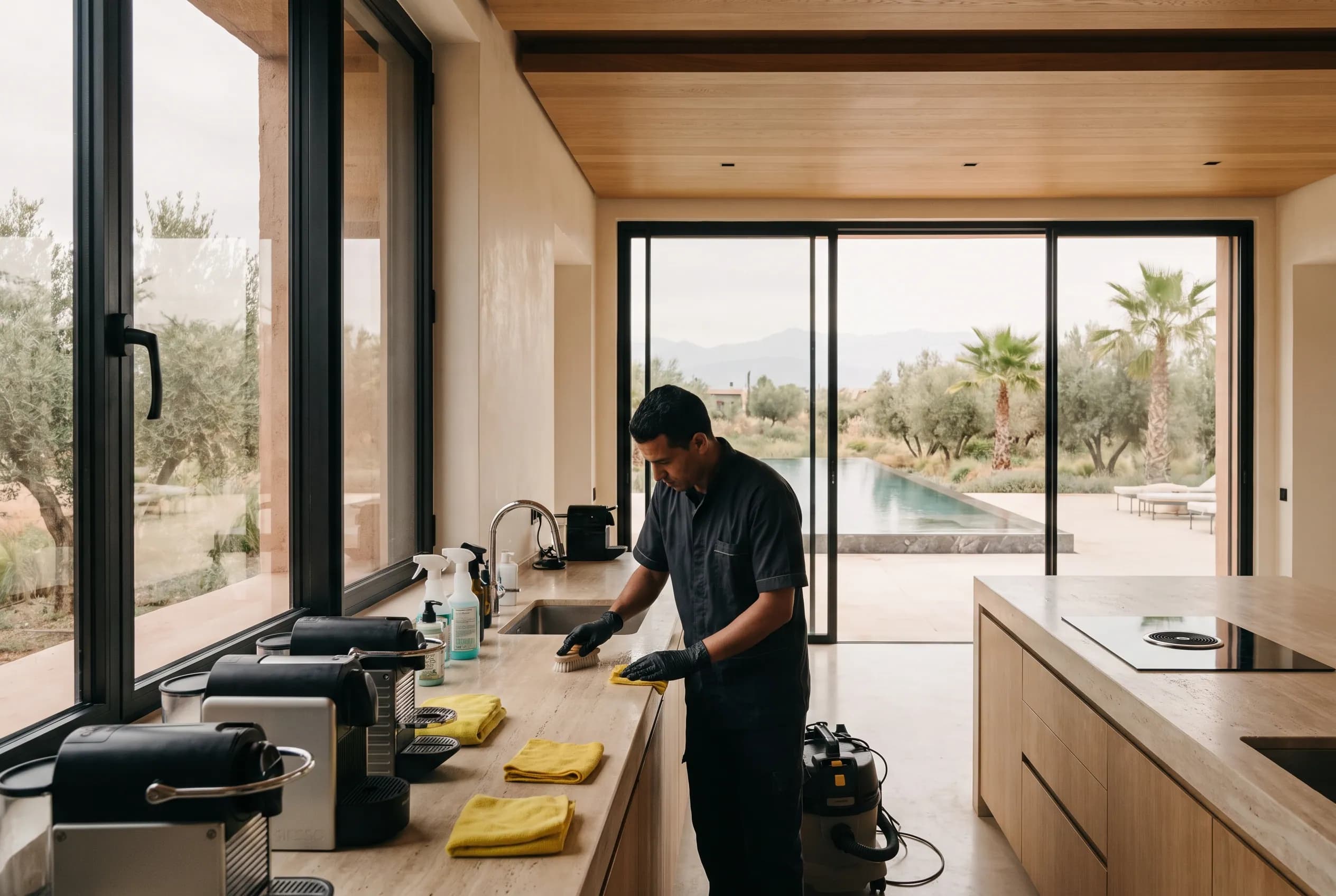 Villa kitchen mid deep-clean, equipment lined neatly, surfaces gleaming