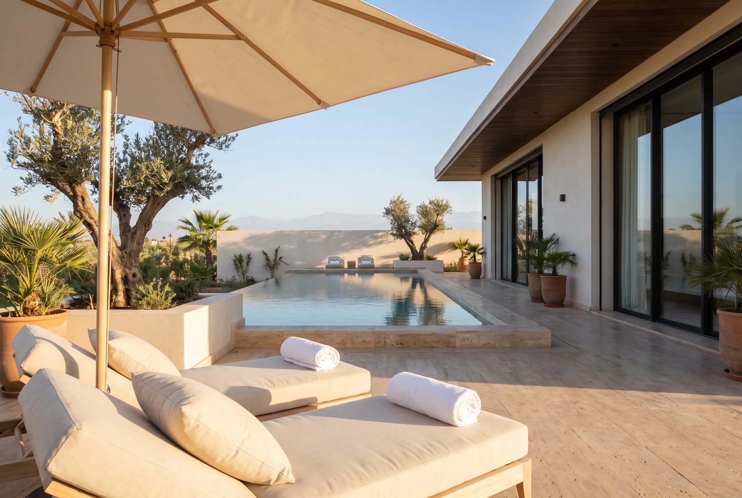 Pool loungers with plumped cushions and rolled towels, parasol open