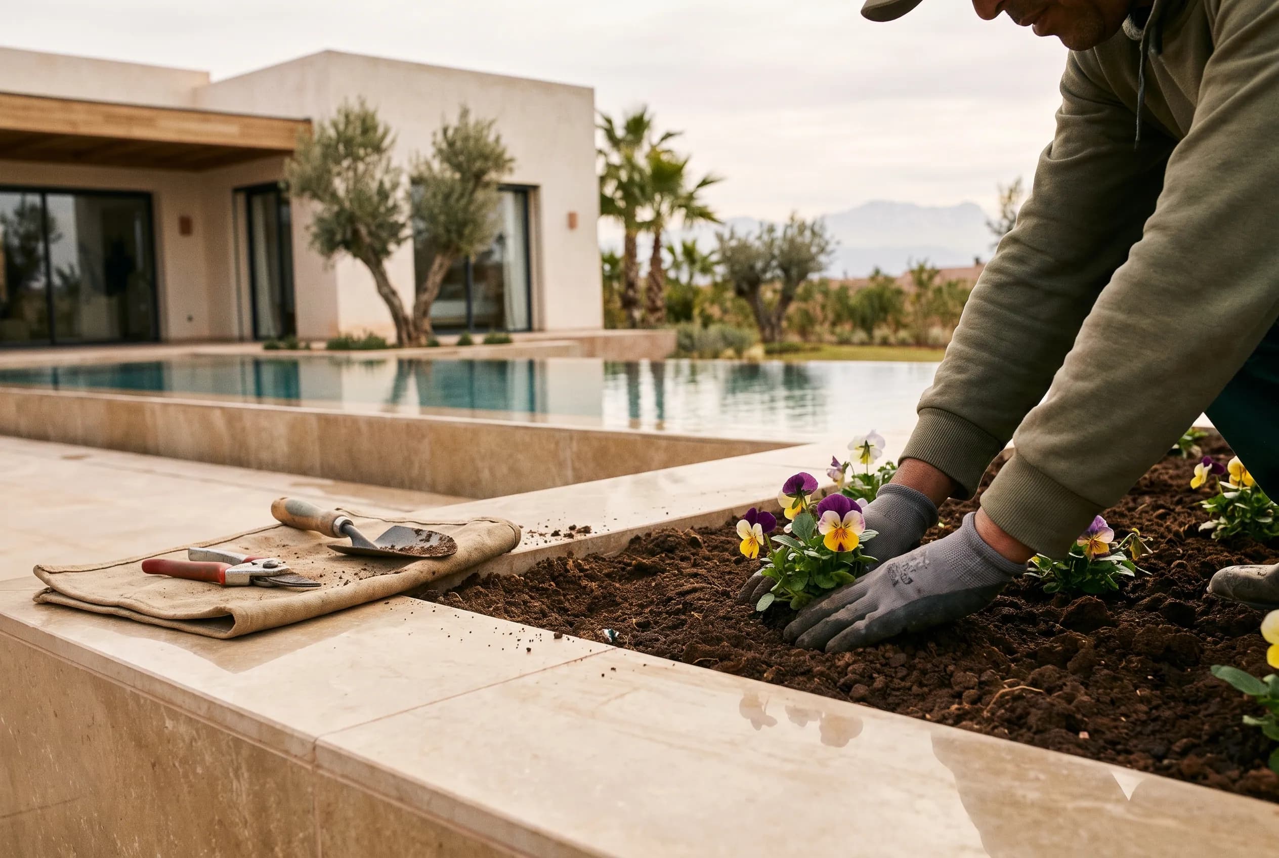 Gardener's hands planting seasonal flowers into prepared soil