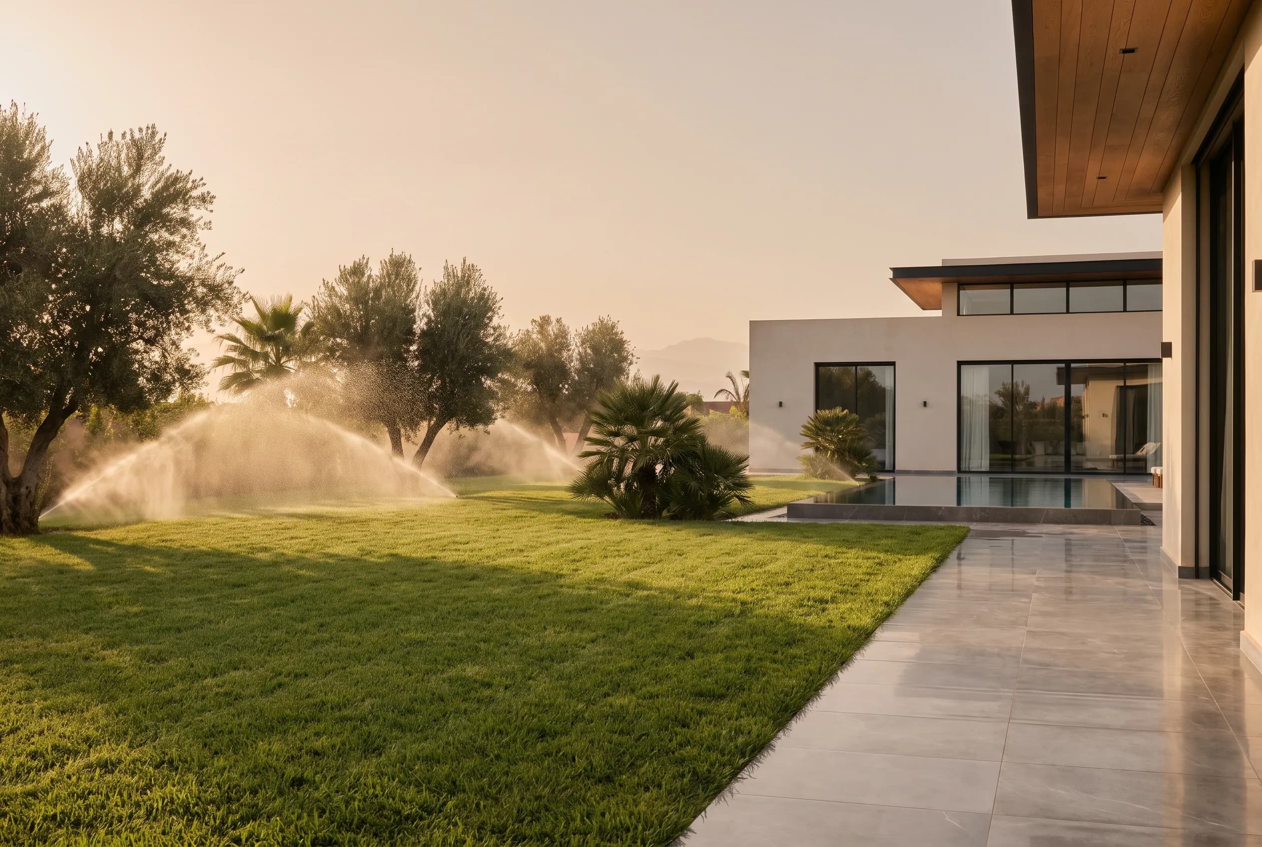 Freshly edged lawn with sprinkler mist backlit by late sun