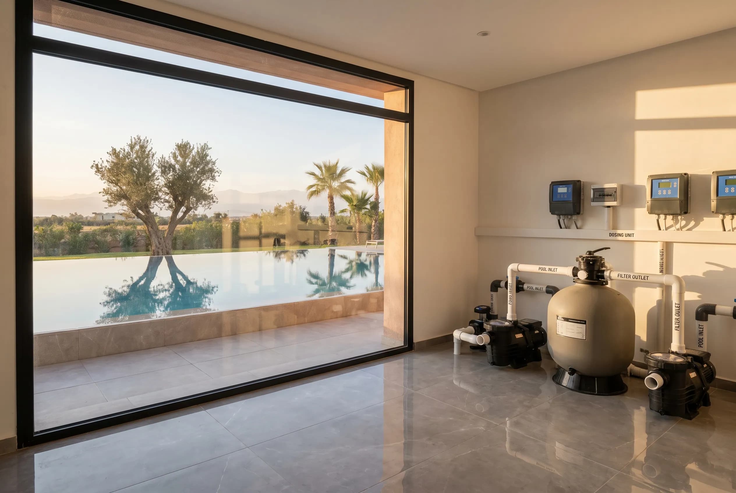 An immaculate pool plant room — pump group, labelled valves, dosing equipment