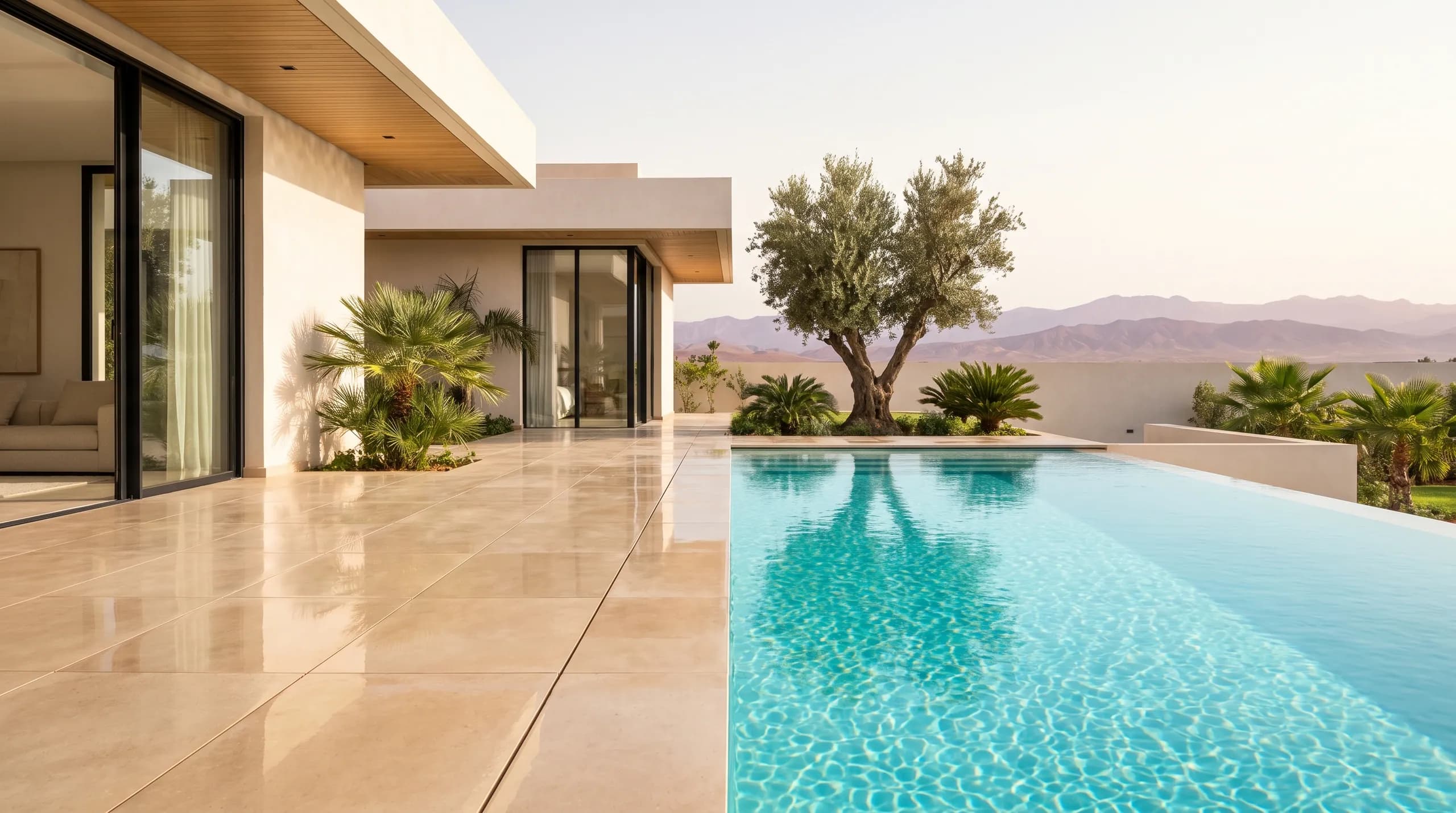 Glass-clear turquoise infinity pool with caustic light dancing on the stone floor