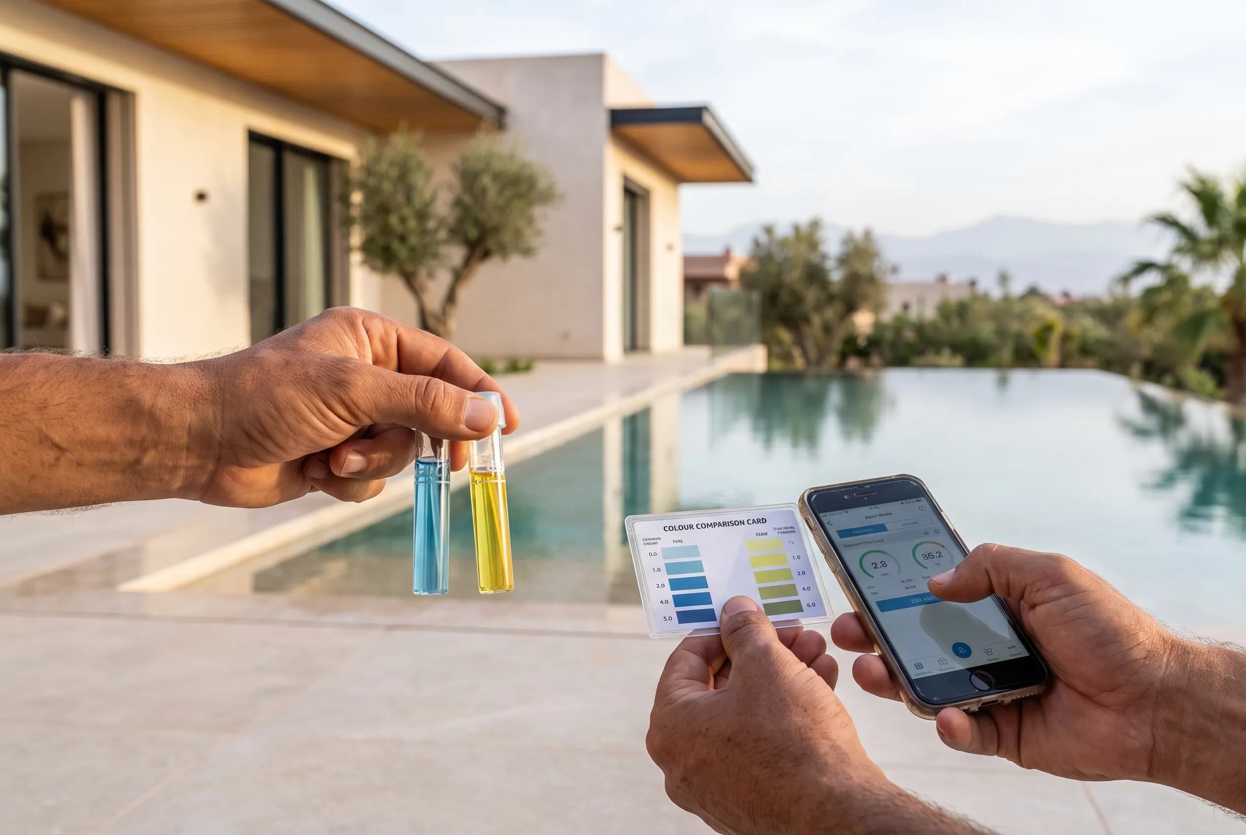 Water-test vials held against sparkling pool light, readings entered on a phone